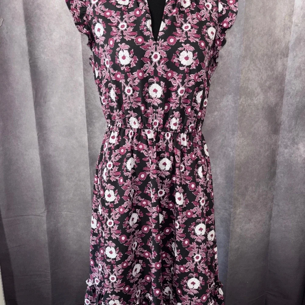 LOFT Women Small Black Purple Floral Ruffle Midi Dress Boho‎ Romantic